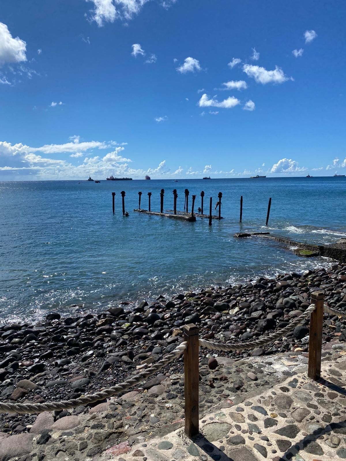 Een stenen pad dat naar de oceaan leidt, met een rij houten palen in het water.
