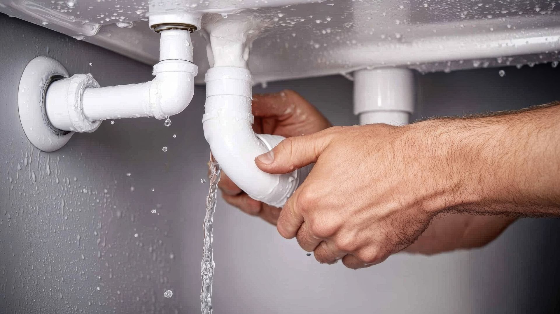 Des mains tenant un tuyau blanc qui fuit sous un évier, de l'eau se déversant sur un mur gris.