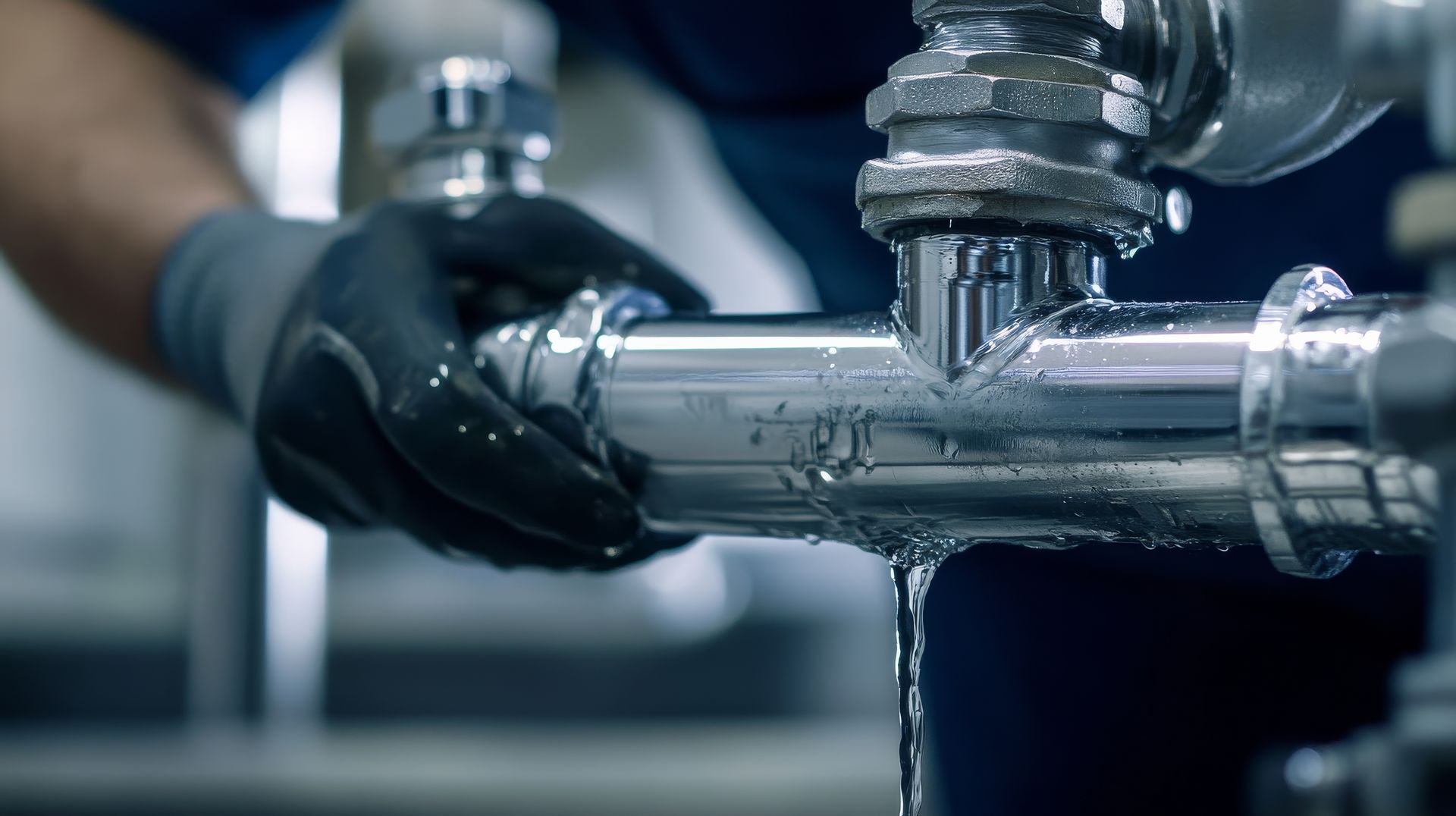 Une personne portant des gants répare un tuyau métallique qui fuit et dont l'eau coule.