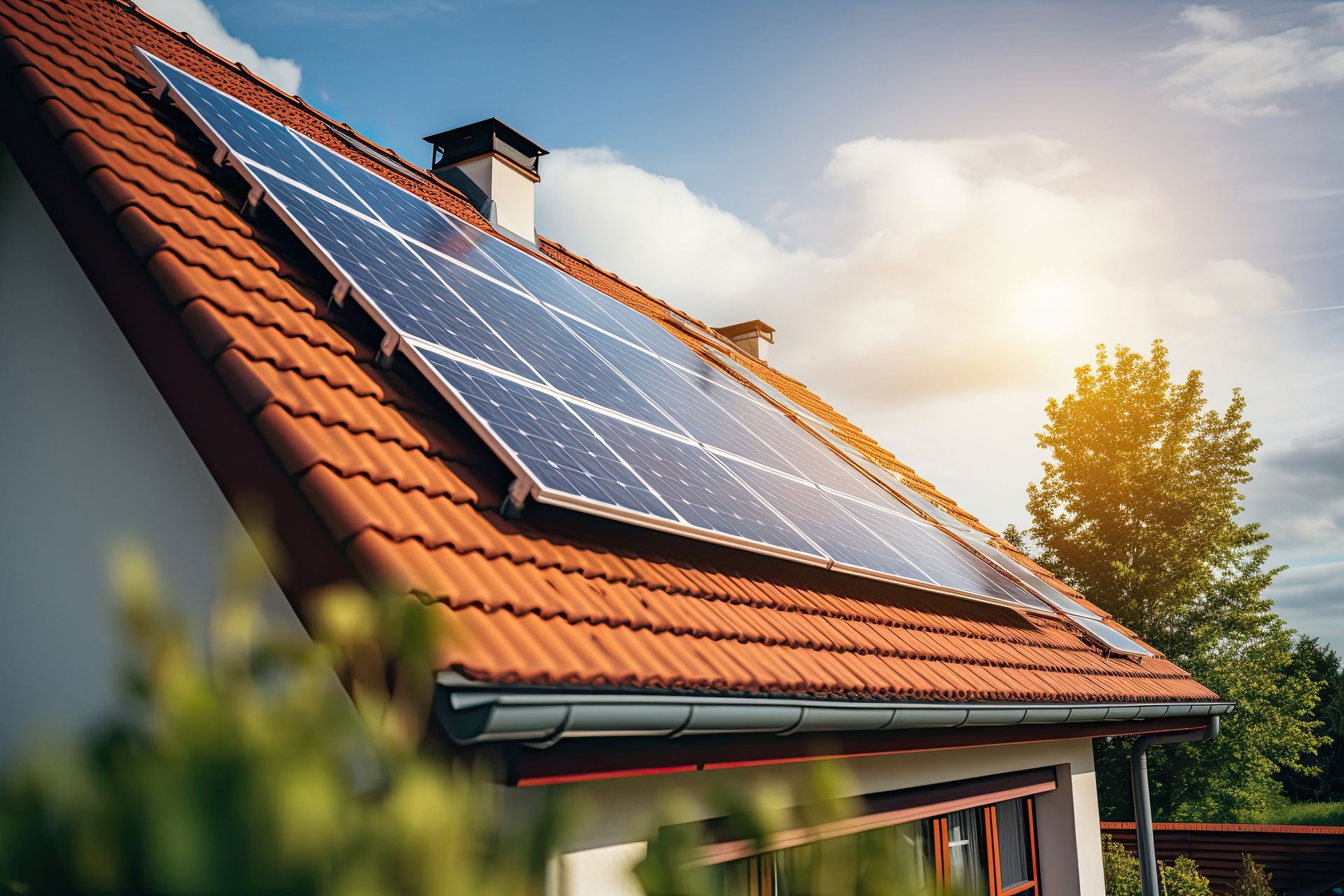 Des panneaux solaires sur un toit en tuiles rouges, captant la lumière du soleil sur un ciel bleu.