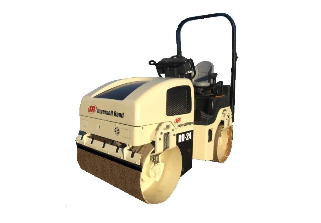 Un modelo 3D de un rodillo compactador sobre un fondo blanco.