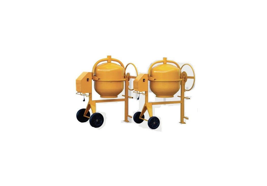 Dos hormigoneras amarillas con ruedas negras sobre fondo blanco.