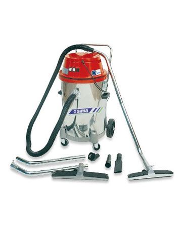 Una aspiradora de acero inoxidable está colocada sobre una superficie blanca.