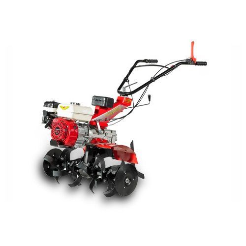 Una cortadora de césped roja y blanca con un motor rojo sobre un fondo blanco.