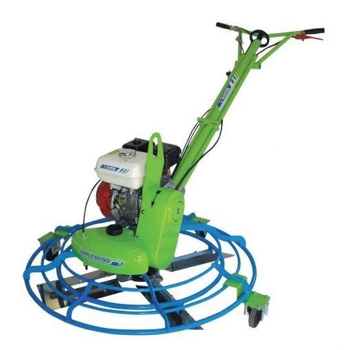 Allanadora de hormigón eléctrica de color verde y azul, con motor y mango para alisar cemento húmedo.