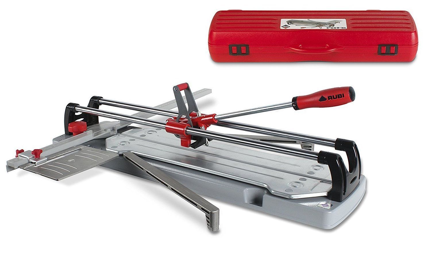 Cortadora de azulejos y estuche rojo. Herramienta plateada y gris con mango rojo, para cortar azulejos de cerámica.