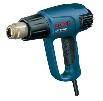 Pistola de calor Bosch de color azul, con mango negro, sobre fondo blanco.