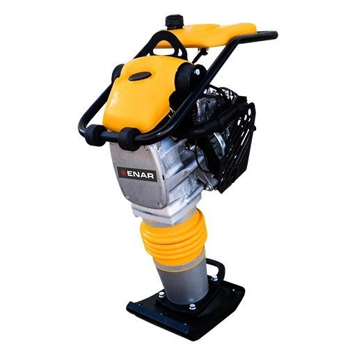 Compactador de suelo de color amarillo y negro sobre fondo blanco.