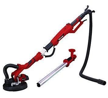 Lijadora para paneles de yeso roja con extensión, manguera adjunta y mango adicional.