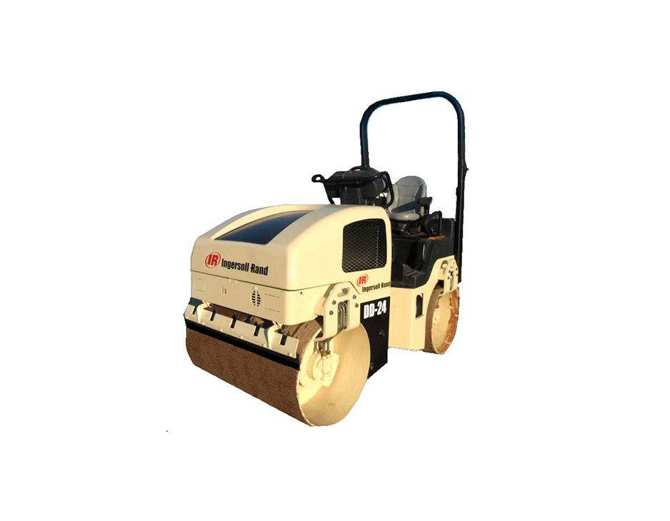 Un modelo 3D de un rodillo compactador sobre un fondo blanco.