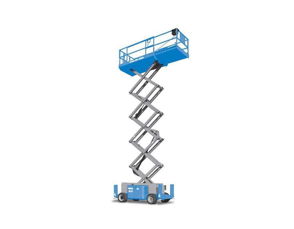 Un elevador de tijera azul está sobre una superficie blanca.