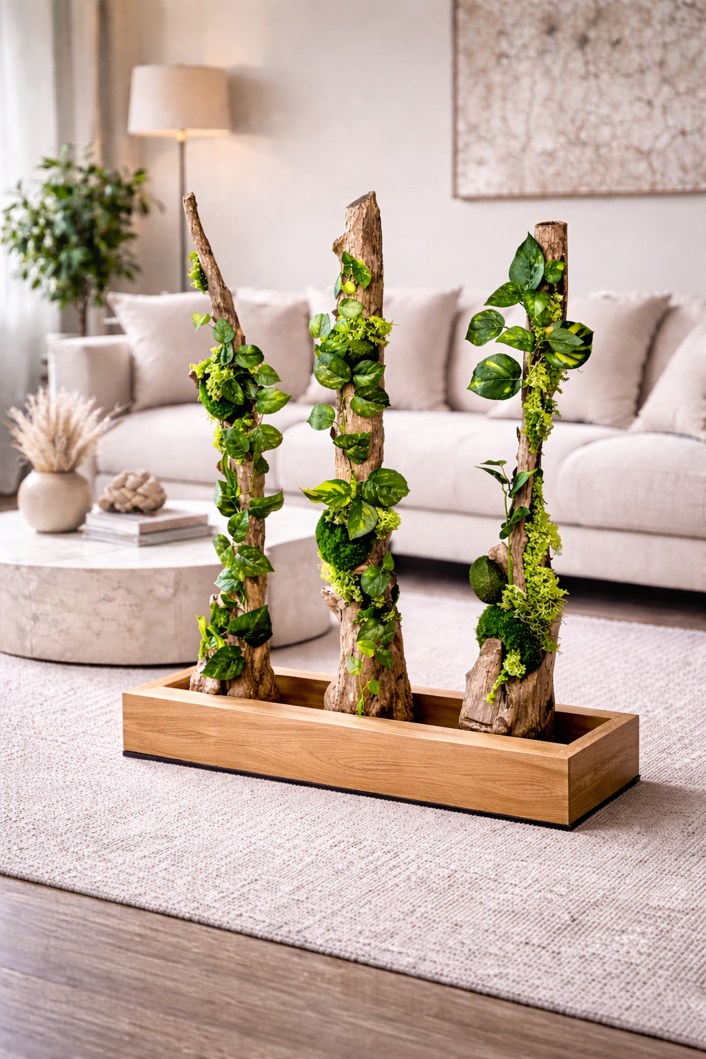 Trois tuteurs en bois verticaux, recouverts de plantes grimpantes vertes, sont disposés dans une longue jardinière rectangulaire posée sur un tapis de salon.