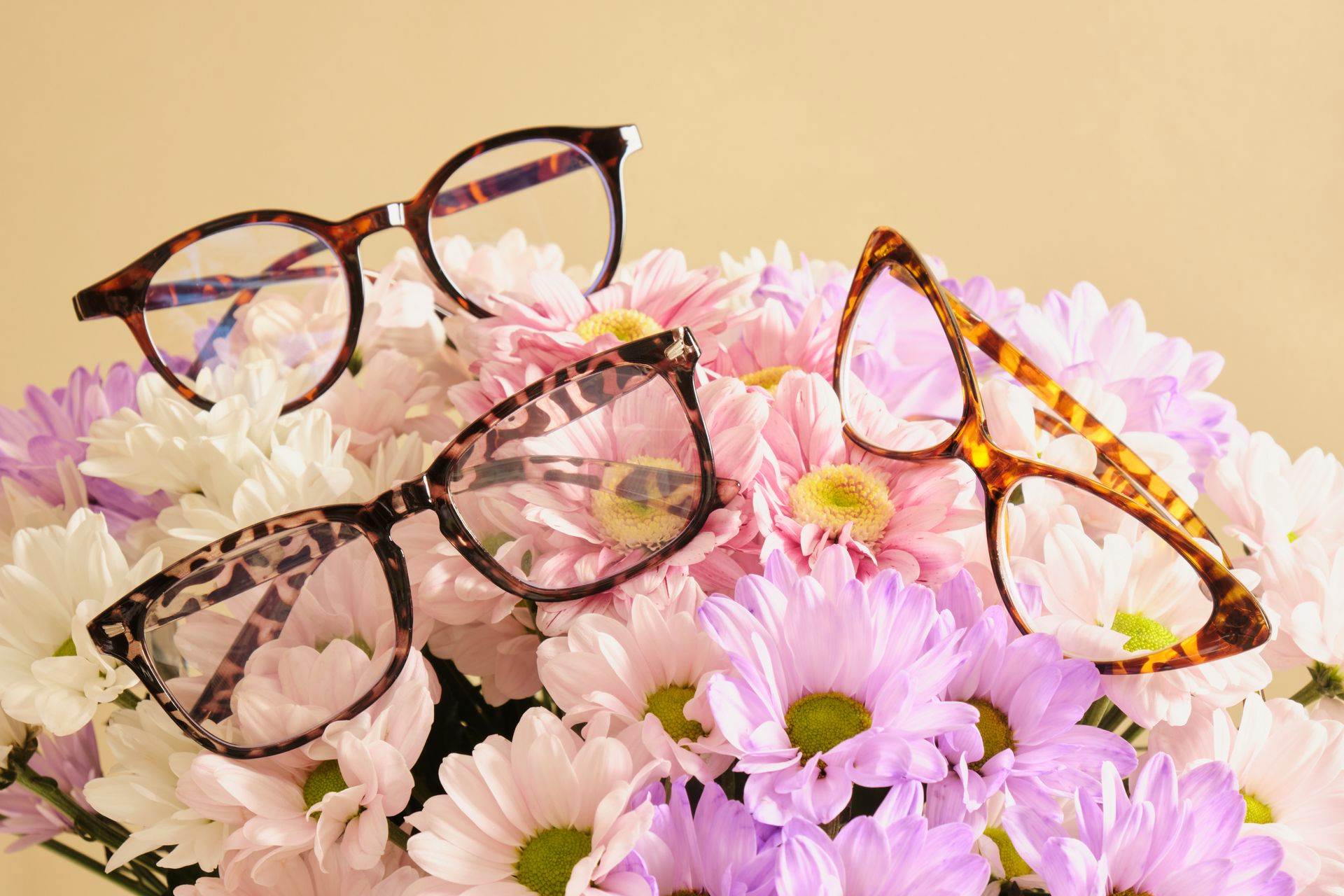 Trois paires de lunettes à monture écaille reposent sur un bouquet de chrysanthèmes blancs et lilas clair, sur fond beige.
