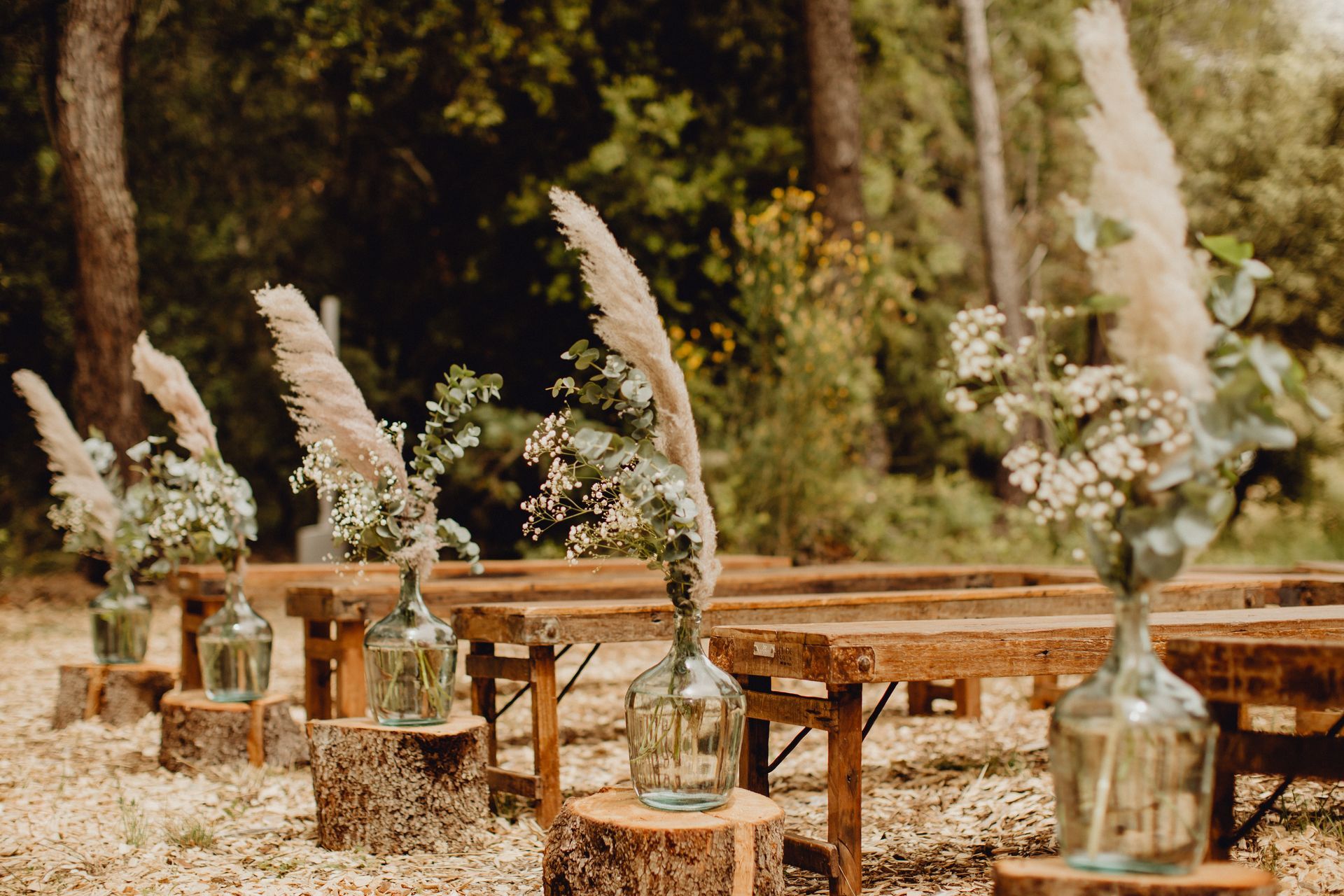 Des bancs en bois disposés pour une cérémonie en plein air, décorés de bouteilles en verre remplies d'eucalyptus et d'herbes de la pampa.