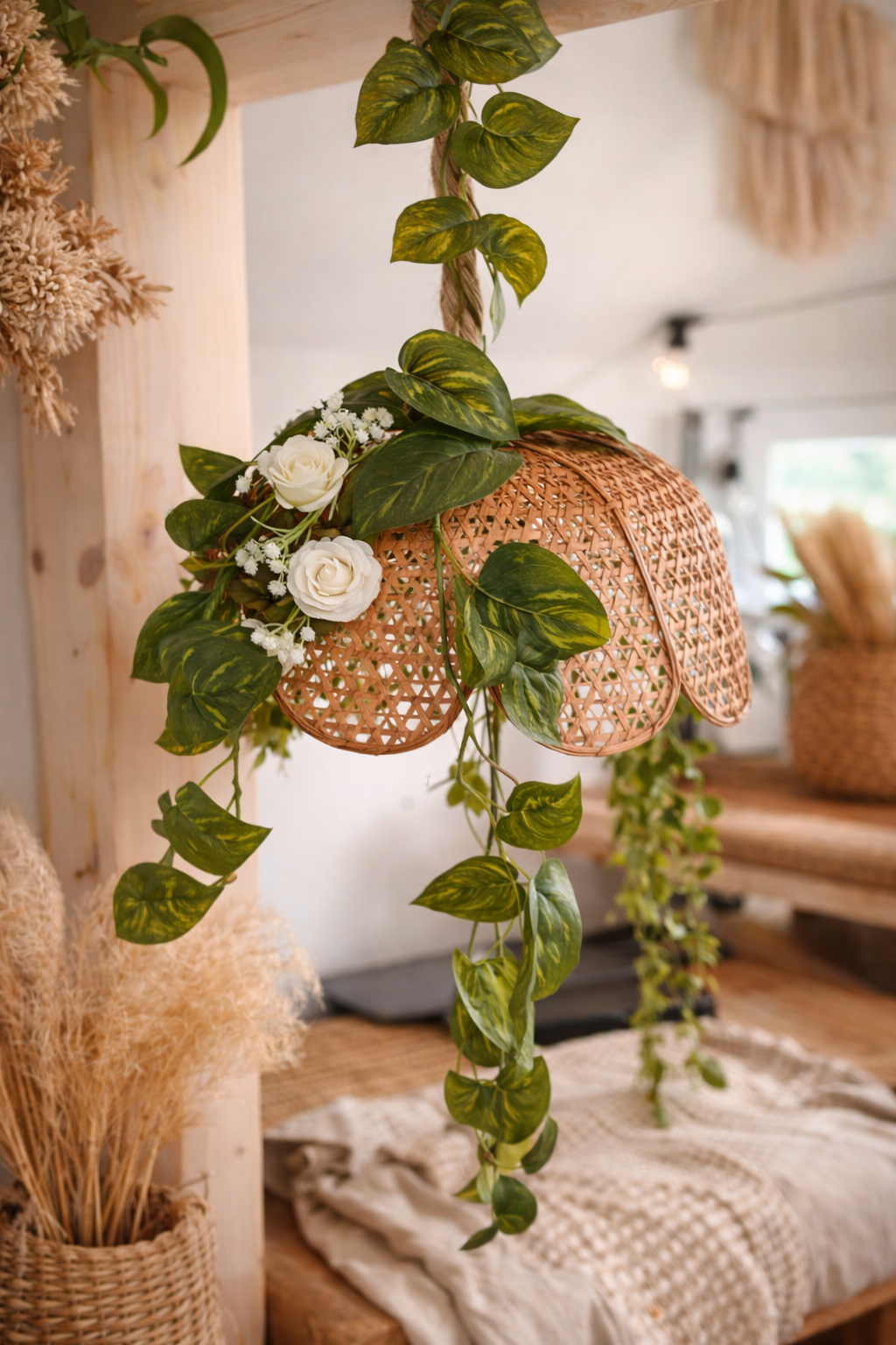 Dans une pièce rustique, une suspension en osier en forme de dôme, ornée de lianes vertes artificielles et de petites fleurs blanches, est suspendue.