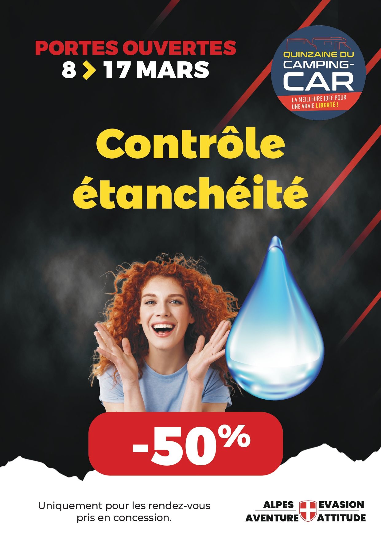 Affiche portes ouvertes pour 50% de réduction sur le contrôle d'étanchéité