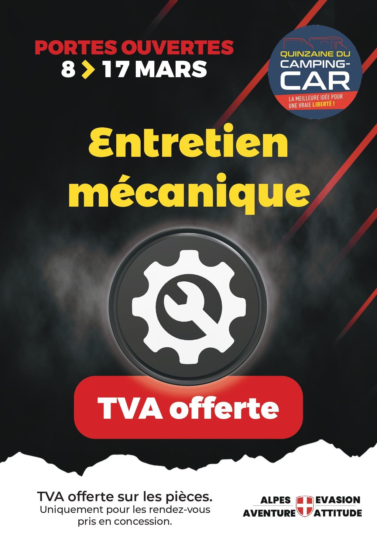 Affiche portes ouvertes avec la TVA offerte sur l'entretien mécanique