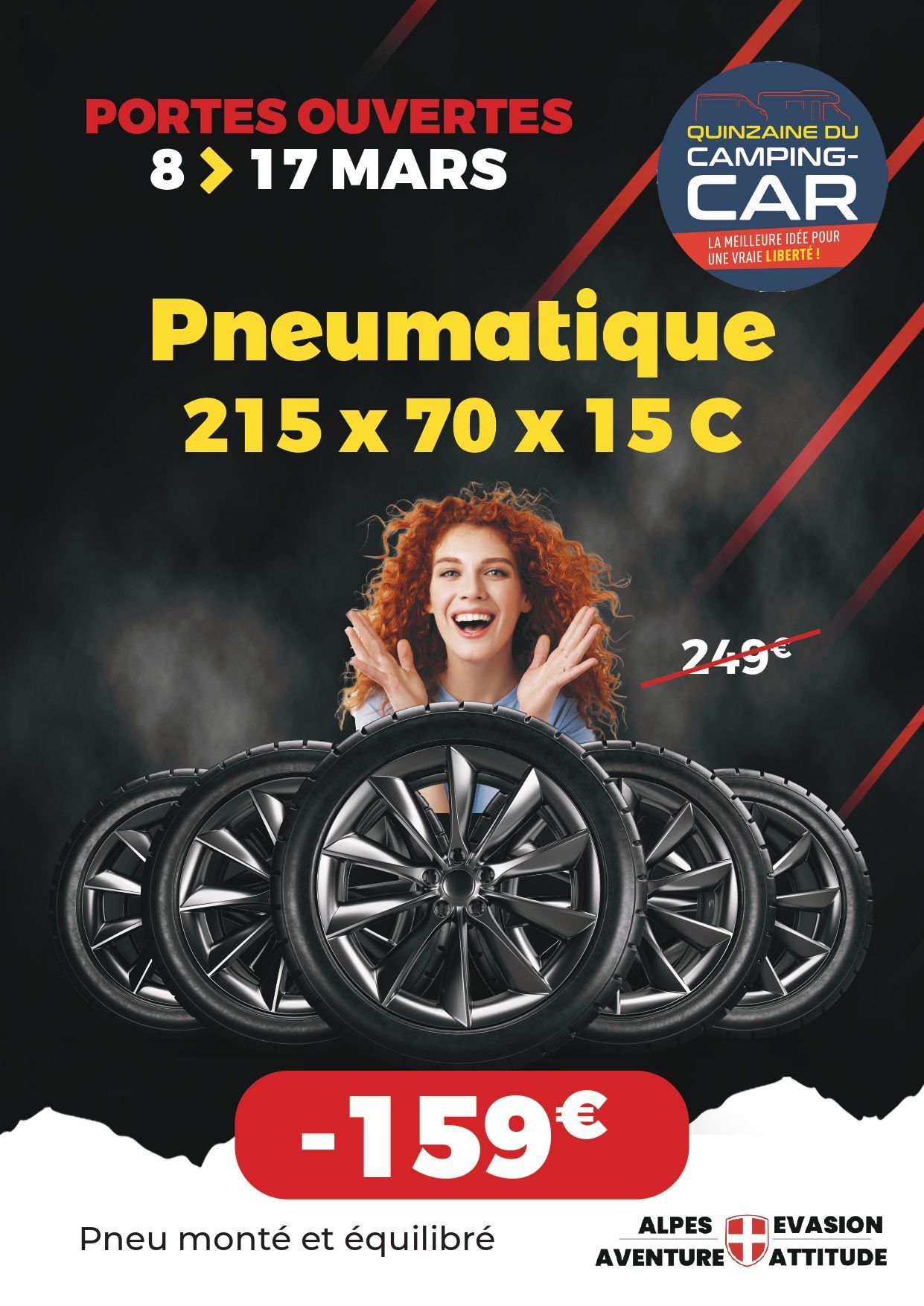 Affiche portes ouvertes avec une réduction sur les pneumatiques de 159€