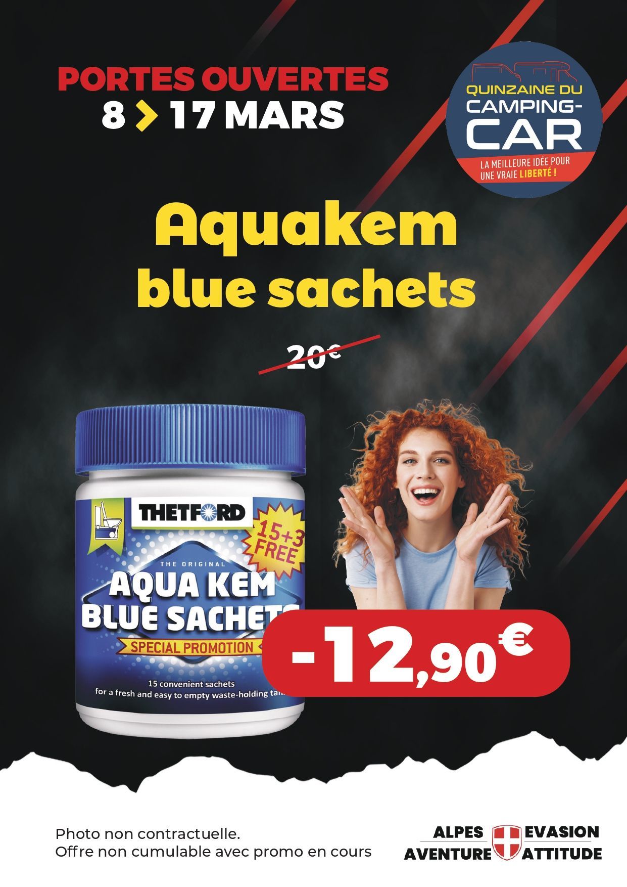 Affiche portes ouvertes avec une réduction sur le produit Aquakem Blue sachets
