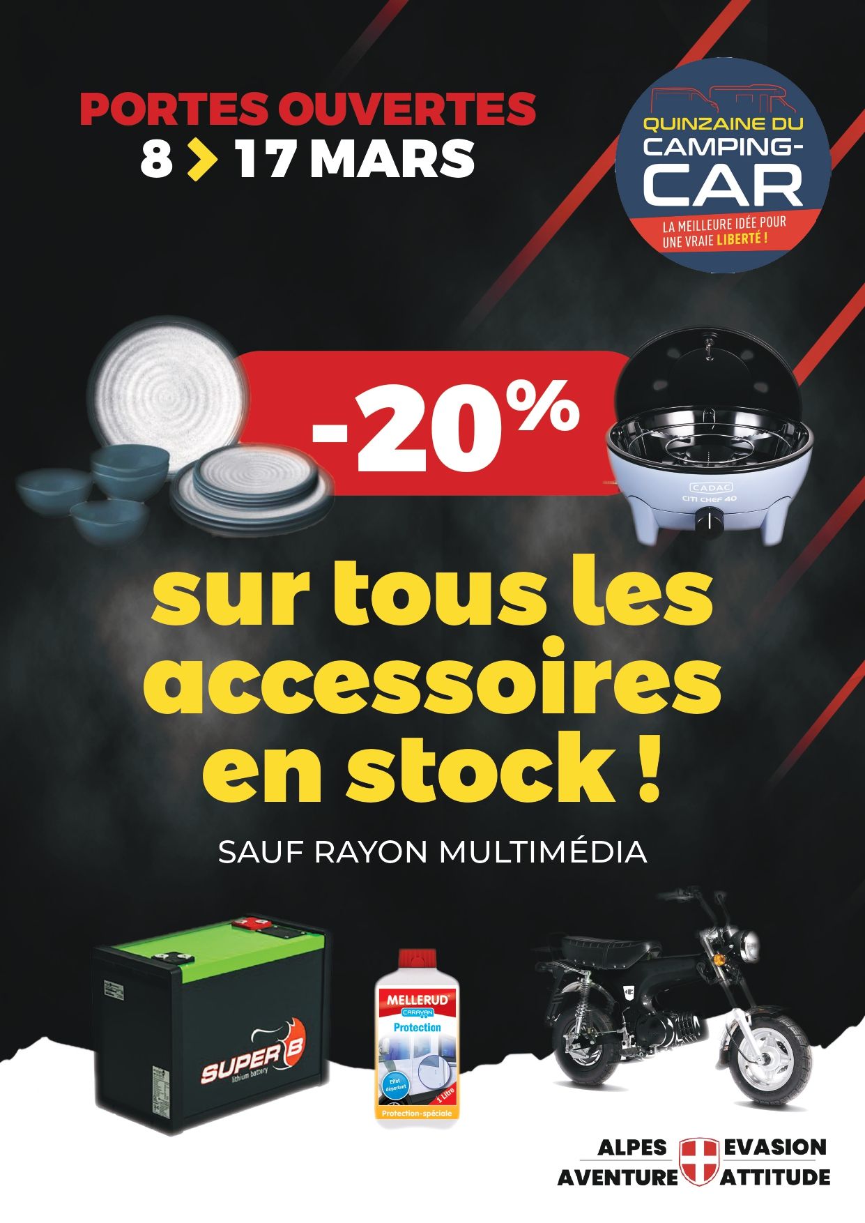 Affiche portes ouvertes avec une offre de - 20% sur tous les accessoires en stocks