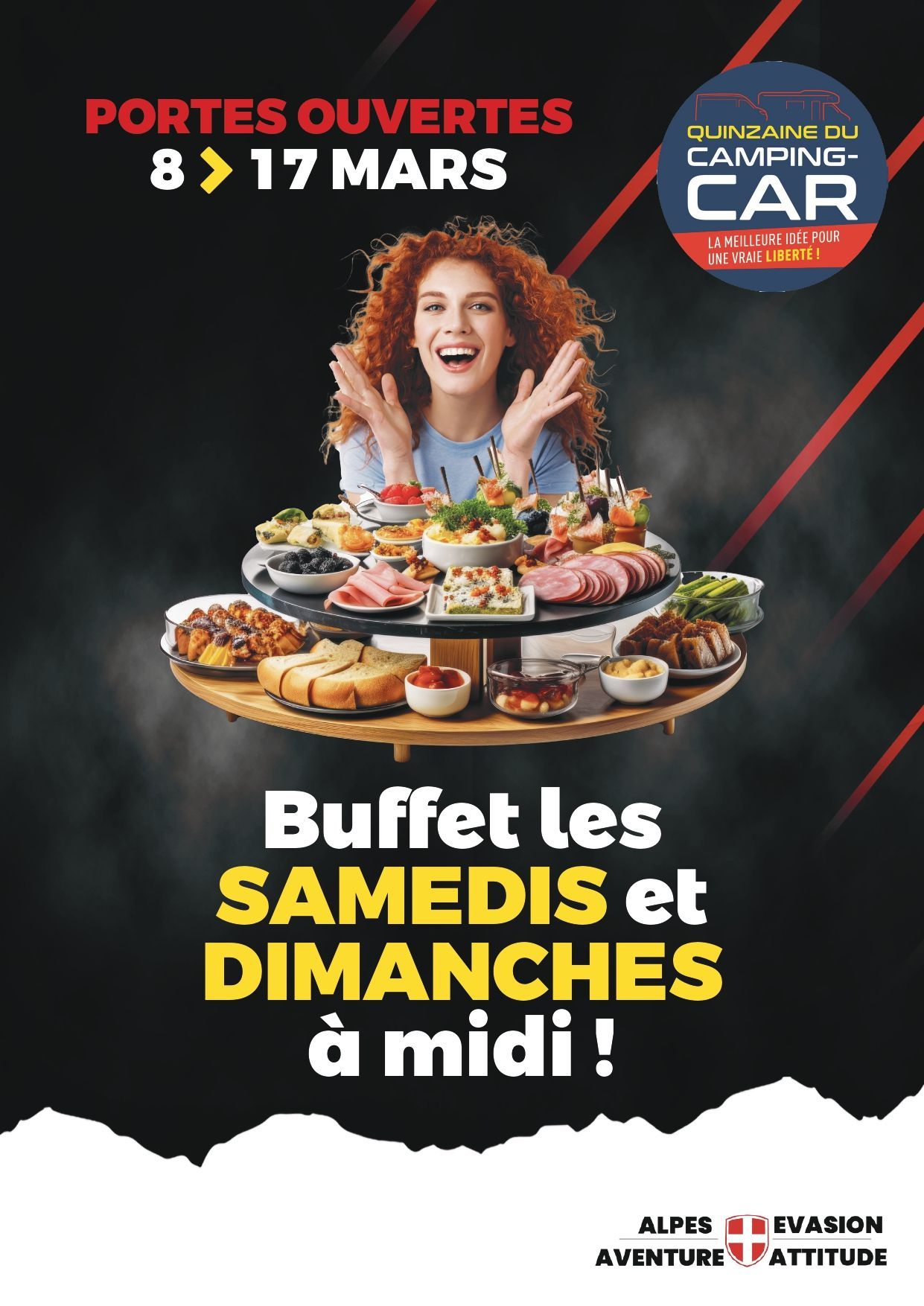 Affiche portes ouvertes avec un buffet les samedis et dimanches midi