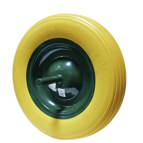 Una rueda de carretilla amarilla con un borde verde