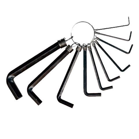 Un juego de llaves hexagonales en un llavero sobre un fondo blanco.