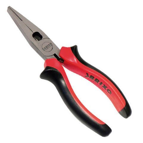 Un par de alicates con mangos rojos y negros sobre un fondo blanco.