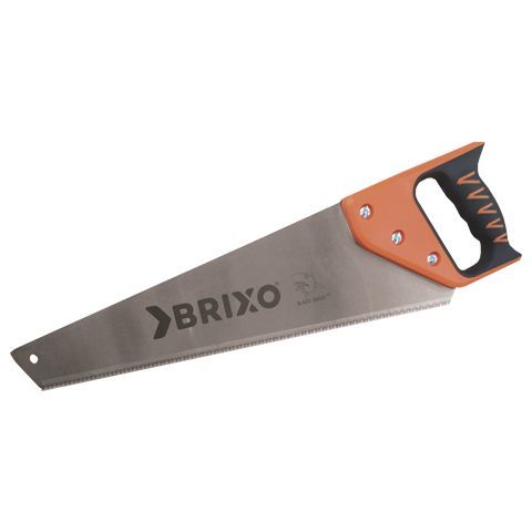 Una sierra de mano Brixo con mango naranja sobre fondo blanco.