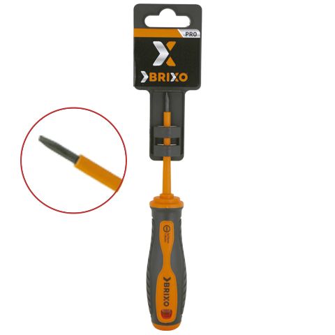 En un paquete se incluye un destornillador con mango negro y naranja.