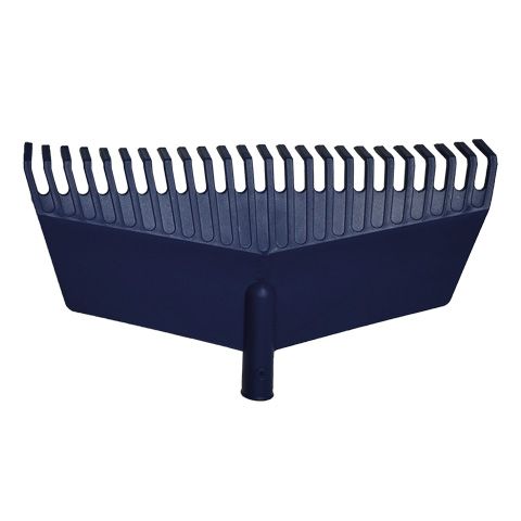 Un rastrillo de plástico azul con mango sobre un fondo blanco.