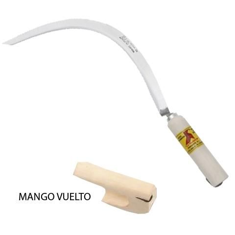 Una hoz con mango blanco y la palabra mango vuelto en la parte inferior