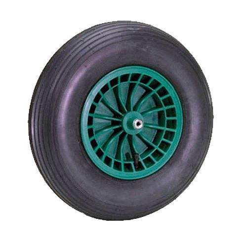 Una llanta de carretilla negra con una llanta verde