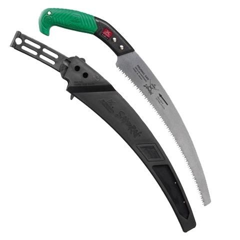 Una sierra con mango verde y estuche negro