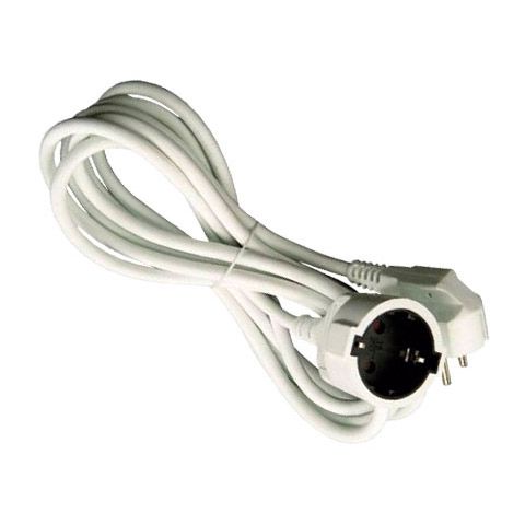 Un cable de extensión blanco con un enchufe negro sobre un fondo blanco.
