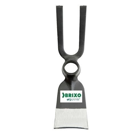 Una azada negra con una etiqueta blanca está sentada sobre una superficie blanca.