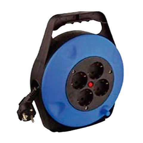Un carrete de cable azul y negro con cuatro salidas y un asa.