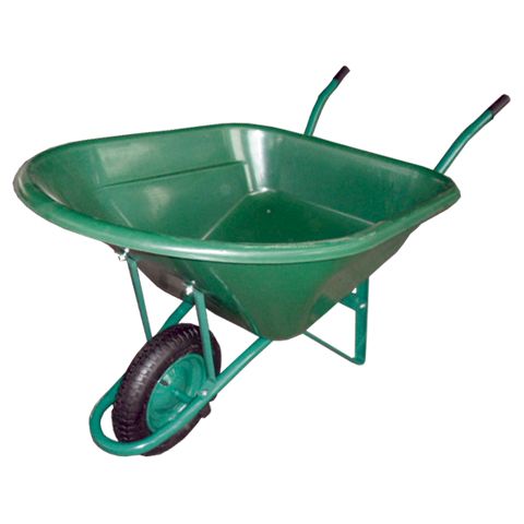 Una carretilla verde con un neumático negro sobre un fondo blanco