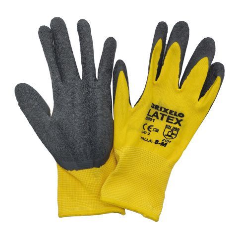 Un par de guantes de látex brixelo amarillos sobre un fondo blanco.