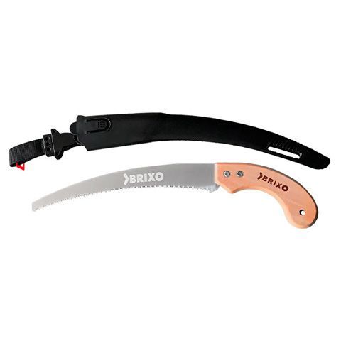 Una sierra con mango de madera y funda negra.