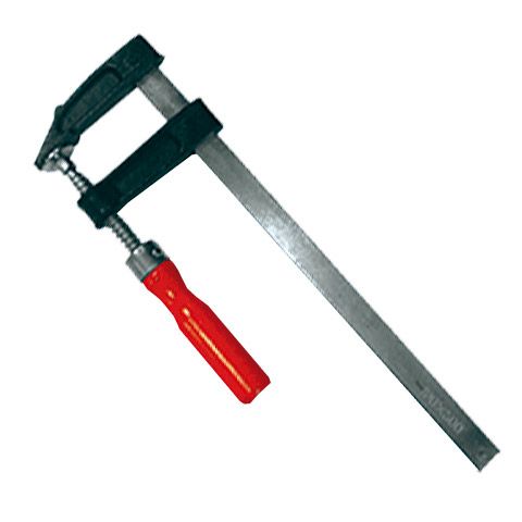 Una abrazadera con un mango rojo sobre un fondo blanco