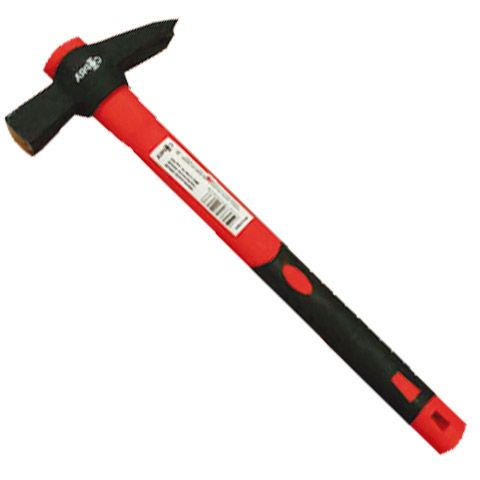 Un martillo rojo y negro con una etiqueta.