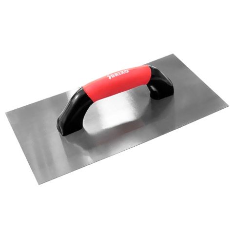 Una paleta de acero inoxidable con mango rojo sobre fondo blanco.