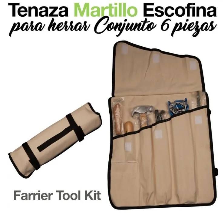 Se muestra un juego de herramientas de herrador de color tostado sobre un fondo blanco.