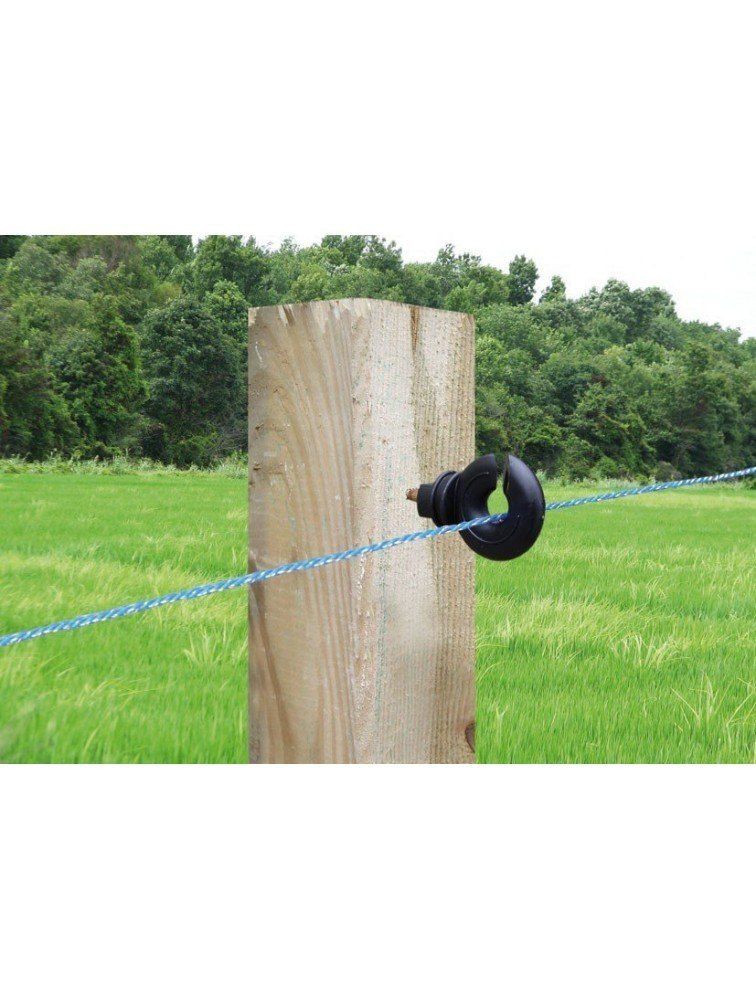 Un poste de madera con un alambre azul atado a él en un campo.