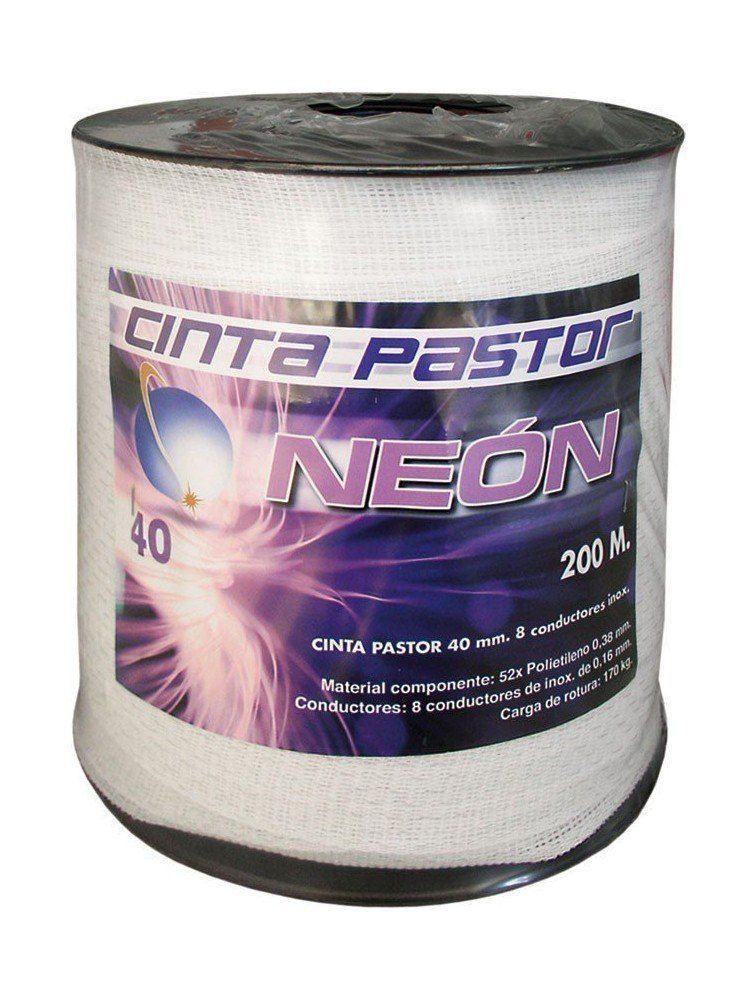 Un carrete de cinta pastor neón sobre un fondo blanco.