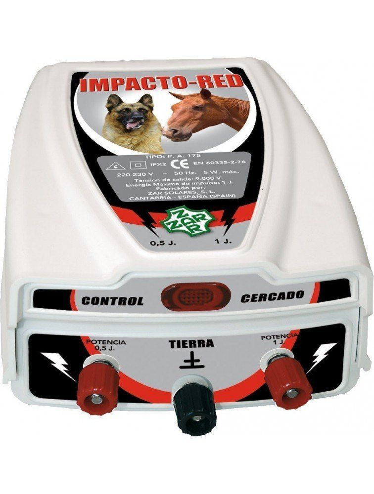 Un dispositivo rojo de impacto blanco con un perro y un caballo en él.