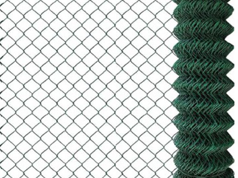 Una cerca de alambre verde está al lado de una cerca de alambre blanca.