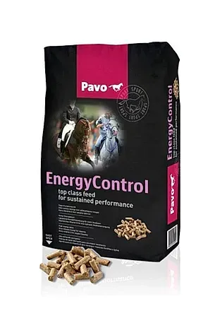 Una bolsa de alimento para caballos con control energético con una imagen de caballos.