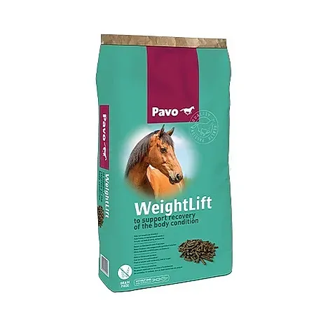 Una bolsa de alimento para caballos Pavo Weightlift con la imagen de un caballo.